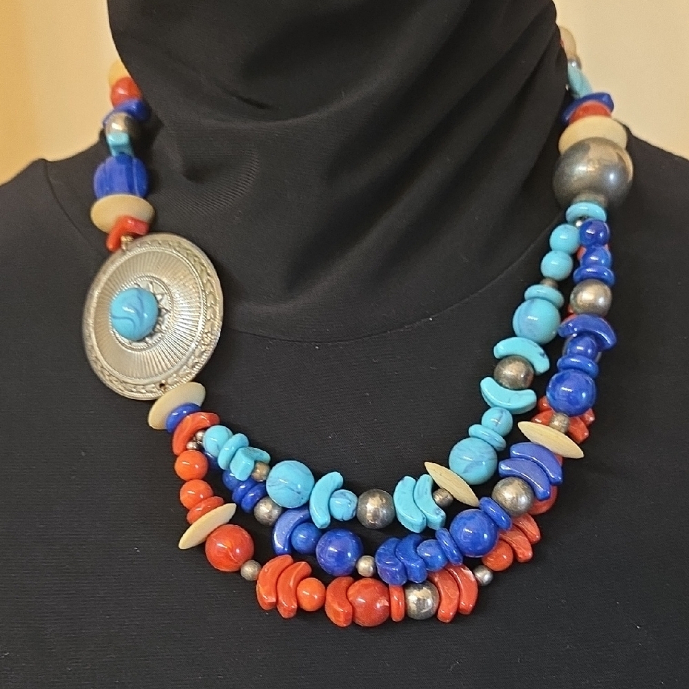 Multicolor Beaded Necklace Southwestern Or Boho with Silver Disc